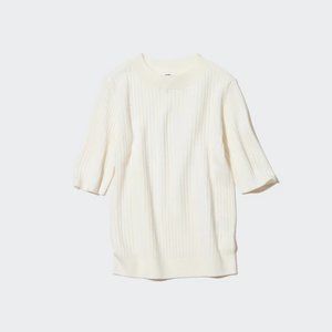 Uniqlo Extra Fine Merino Ribbed Half-Sleeve Short Sweater Off White (M)